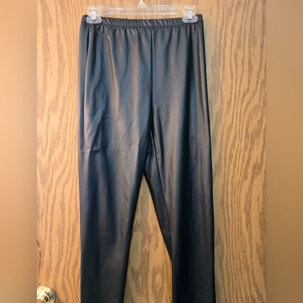 Cute black, stretchy, skinny leggings that look like leather. Size medium.